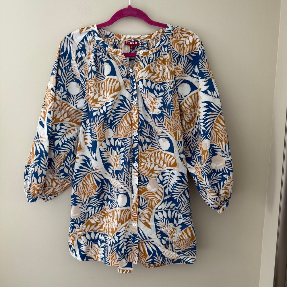 STAUD Blue White and Mustard Leaf Print Button-Up Blouse